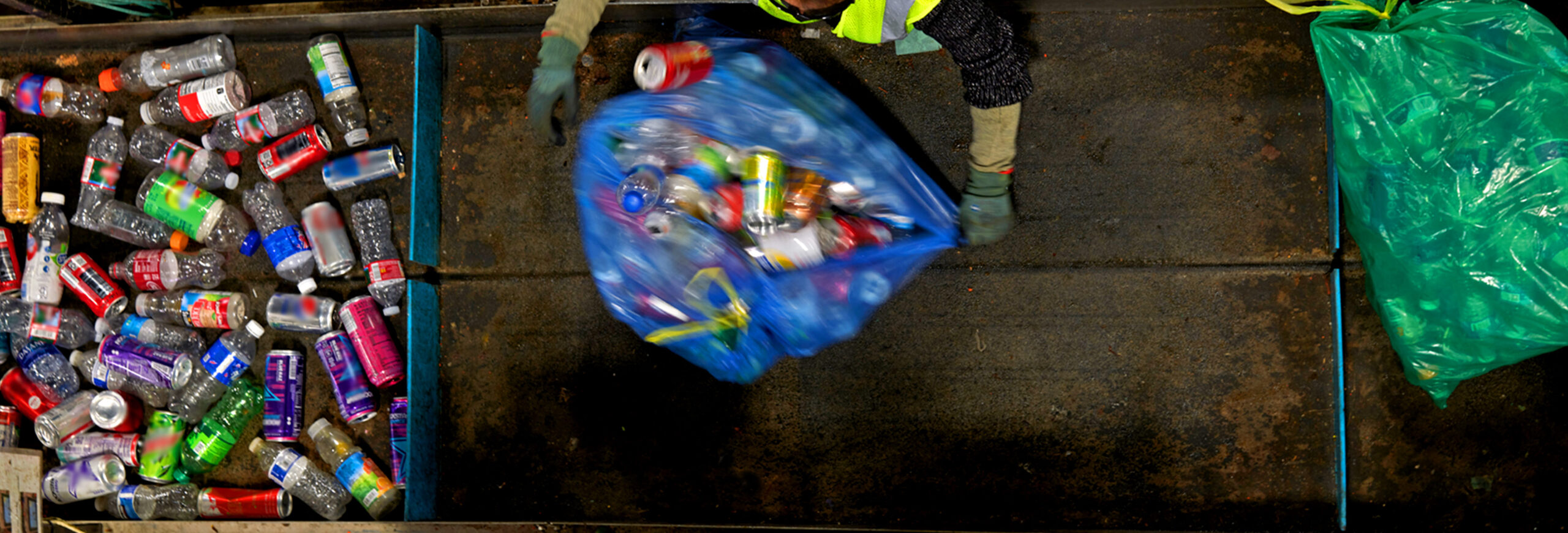 Bags of recyclable containers on a conveyor belt.
