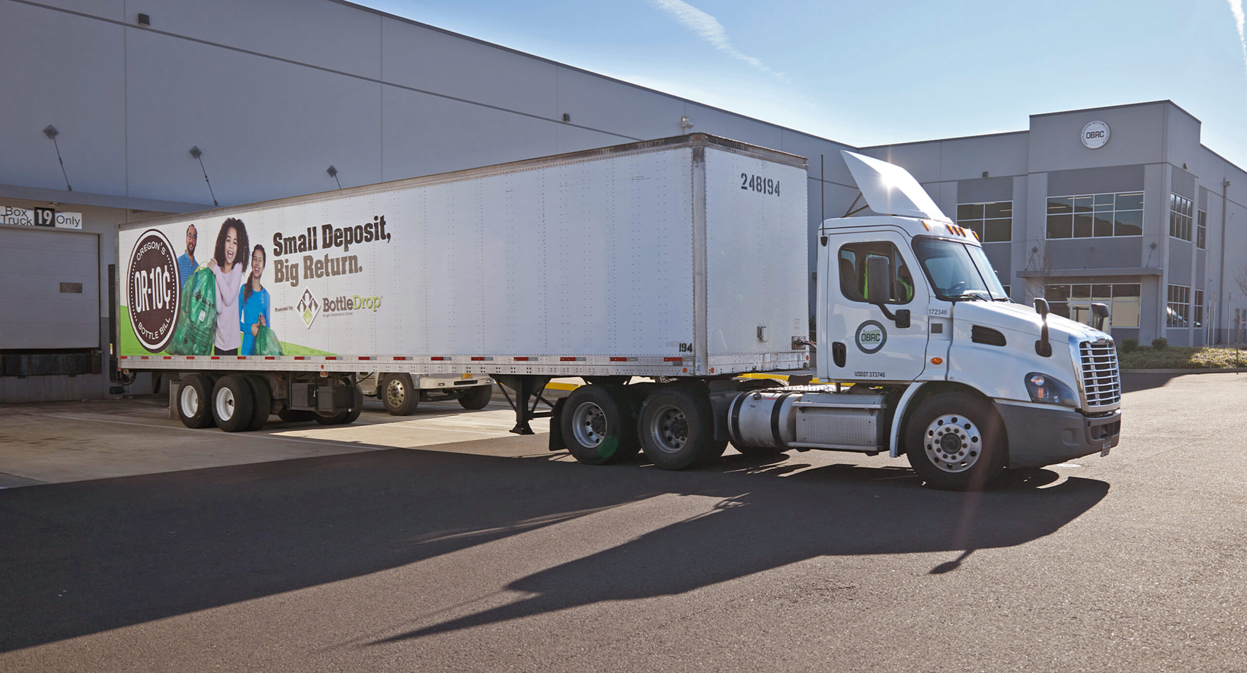 A large BottleDrop truck parked at the OBRC headquarters in Clackamas, Oregon.