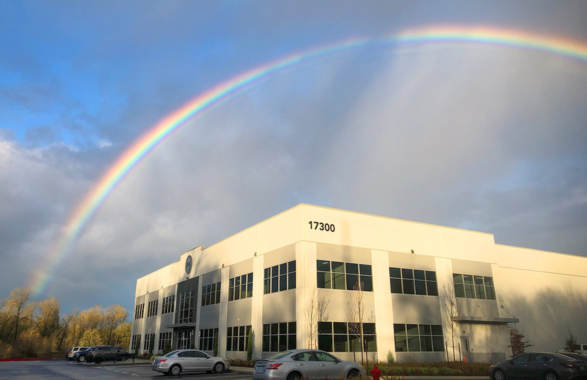 A rainbow over the OBRC headquarters in Clackamas, Oregon.